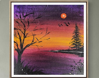 Hand-Painted Sunset Lake Canvas | Silhouette Tree Acrylic Painting