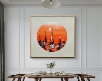 Handgemachtes Segelboot Sonnenuntergang Acrylgemälde | Maritime Leinwand Kunst