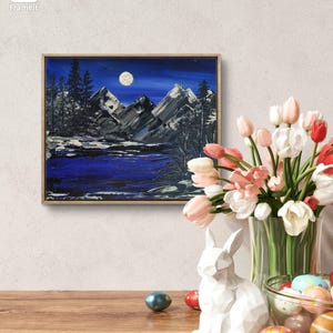 Moonlit Mountain Lake Acrylic Texture Painting - 10x12” Nature Wall Art on Canvas - Original Handmade Landscape for Office or Home