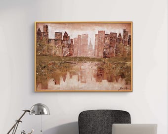 Pintura de paisaje urbano de Nueva York / Arte mural texturizado de gran tamaño / Horizonte urbano acrílico / Obra de arte moderna sin marco