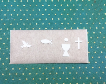 Wax Communion cross, dove, chalice and fish mini white in SET
