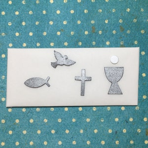 Wax communion cross, dove, chalice and fish mini matt silver in a SET