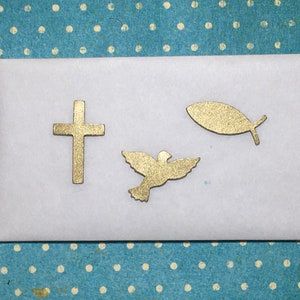 Wax communion cross, dove, fish matt gold in a SET