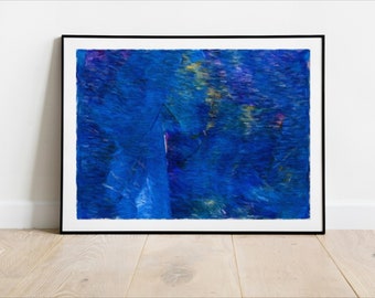 May include: Abstract painting with a blue background and brushstrokes in shades of blue, purple, and yellow.