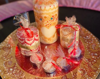 7 henna candle set with henna plate decorated for any occasions