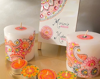 A henna sign with set of 6 henna candles. Great for decor, parties, weddings and gifts