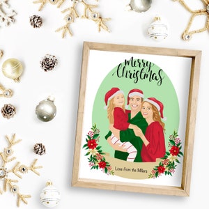 Digitale kerstkaart met familieportret | Familievakantie of kerstportret | Aangepaste familieportretillustratie | Vakantiekaart