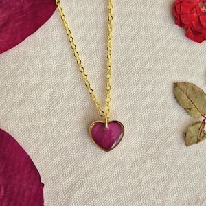 Heart pendant necklace, red rose petal, real pressed flower, resin necklace