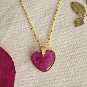 Heart pendant necklace, red rose petal, real pressed flower, resin necklace