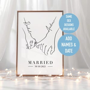 Personalised MARRIED Print | A4 Pinkie Promise | Just Married Hands Line Art | Custom LGBT Wedding Gift | Romantic Wall Art