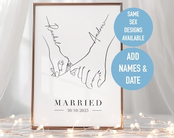 Personalised MARRIED Print | A4 Pinkie Promise | Just Married Hands Line Art | Custom LGBT Wedding Gift | Romantic Wall Art