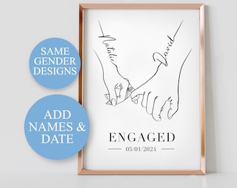 Engagement Personalised A4 Print, Pinkie Promise, Engagement Gift, Anniversary idea, Hands Line Art.