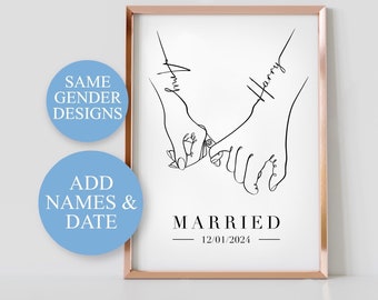 Married Personalised A4 Print, Just Married, Pinkie Promise, Wedding Gift, Hands Line Art, Anniversary Gift Idea.