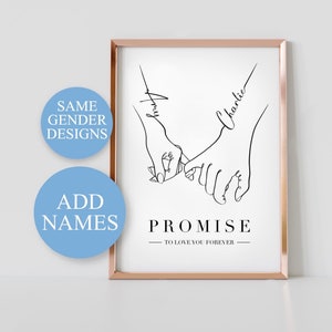 Couple Personalised A4 Print, Boyfriend & Girlfriend Picture, Pinkie Promise, Hands Line Art, Gift for Partner, LGBT Couple Print.