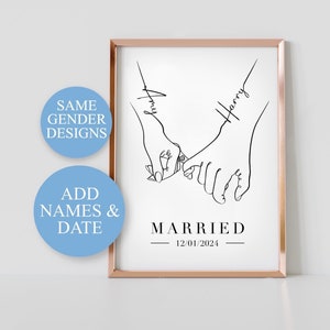 Married Personalised A4 Print, Just Married, Pinkie Promise, Wedding Gift, Hands Line Art, Anniversary Gift Idea.