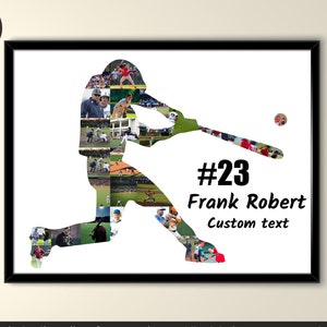 May include: A baseball player silhouette made of a photo collage. The player is in a batting stance with a bat and ball. The text "#23 Frank Robert Custom text" is below the player.