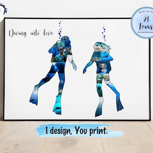 Cadeau fotocollage duiken, aangepaste silhouetkunst