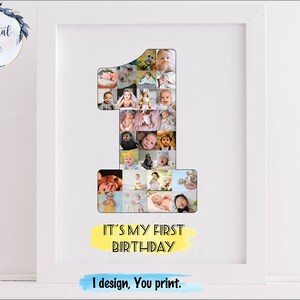 Poster di collage fotografico del primo anno del bambino STAMPABILE. Segno fotografico personalizzato per il 1 ° compleanno, decorazione della festa di un anno.