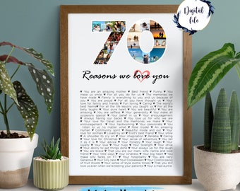 70 reasons why we love you, 70th birthday custom collage with 70 notes, 70th bbirthday gift for him and her Printable photo poster.