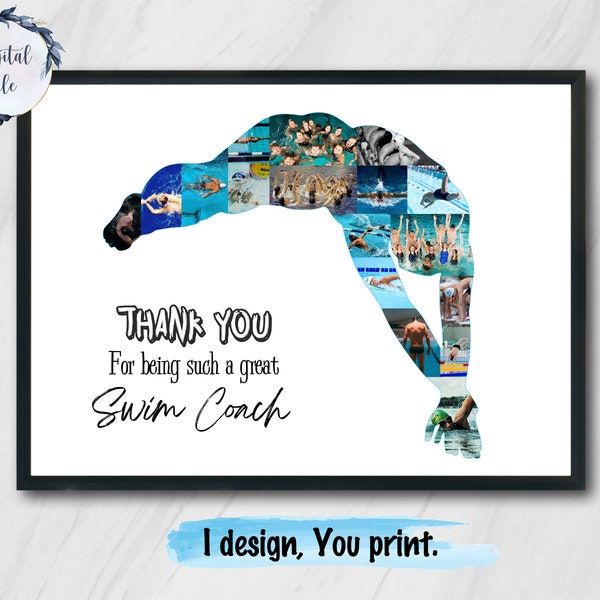 Swimming custom photo collage, Swim coach gift, Personalized gift for swimmer, Printable gift for swimmer friend.