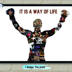 Könnte beinhalten: Eine schwarze Silhouette eines Boxers mit erhobenen Armen im Siegeszeichen. Die Silhouette besteht aus einer Collage kleinerer Bilder von Boxern. Der Text "IT IS A WAY OF LIFE" ist in braunen Buchstaben über der Silhouette geschrieben. Der Text "I design. You print." ist in blauen Buchstaben unter der Silhouette geschrieben.