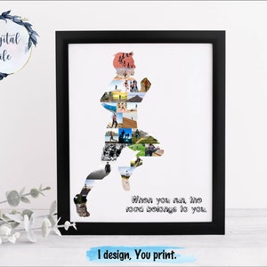 Op de afbeelding: Een zwart-wit fotocollage van een hardloper, met de tekst "When you run, the road belongs to you." De collage is ingelijst in een zwart frame.