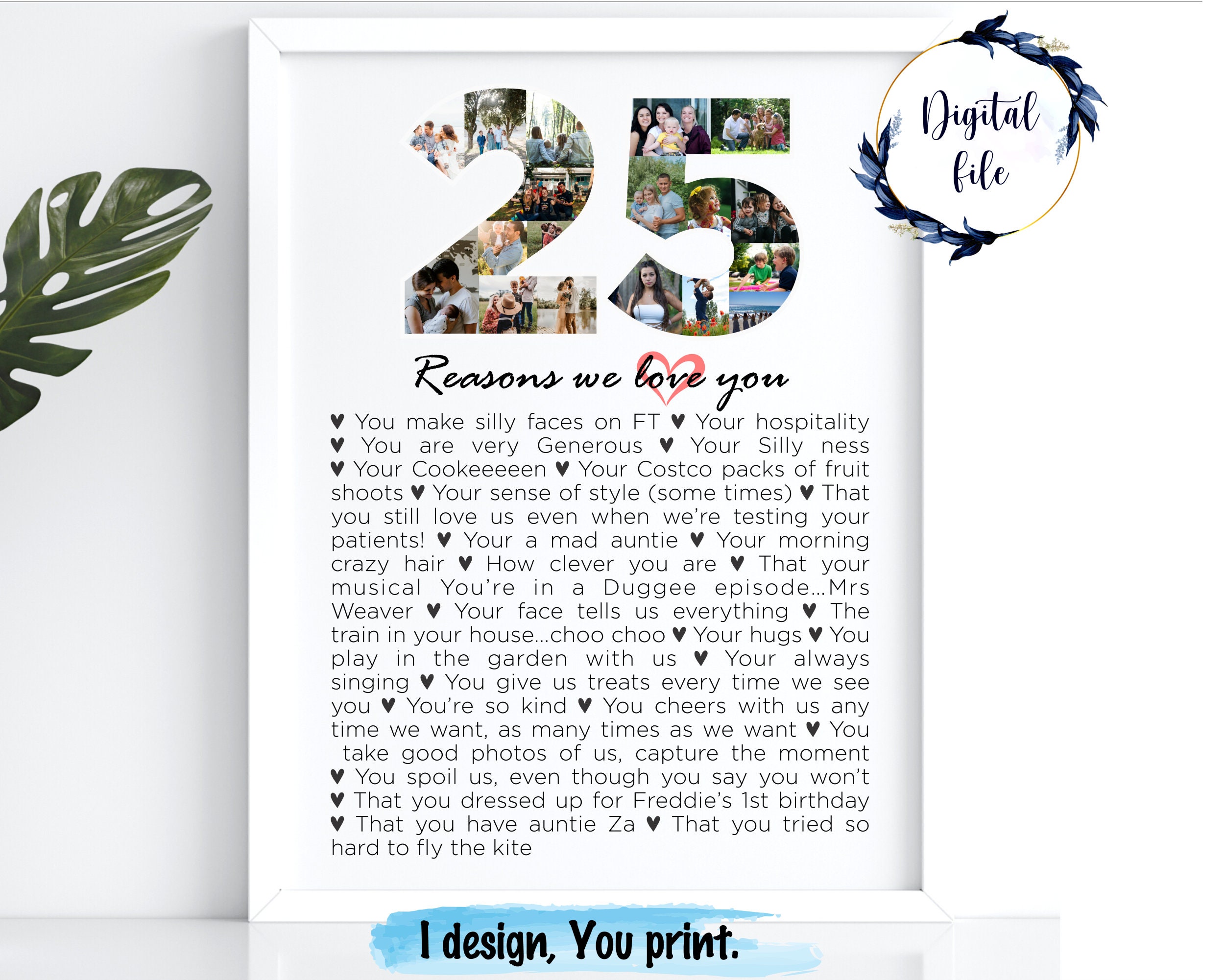 25 reasons we love you photo collage, 25th birthday anniversary custom gift, Printable gift boyfriend husband.