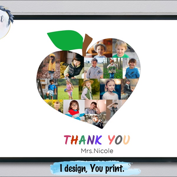 Apple school photo collage, Custom Teacher Appreciation Gift Class photo, preschool graduation gifts, Apple photo gift for class teacher.