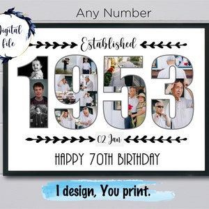 Collage de fotos personalizado de 70 cumpleaños, regalo personalizado de 1953 para mamá o papá, que cumple 70 años Decoración de cartel de pared de fiesta de año imprimible