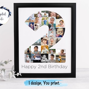 Cartello fotografico personalizzato per il secondo compleanno, decorazione per feste di due anni, poster di collage di foto per il secondo compleanno del bambino STAMPABILE.