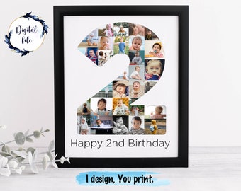 Custom 2nd birthday photo sign, Party decoration two year old, PRINTABLE baby's second birthday photo collage poster.