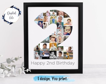 2歳の誕生日のカスタムフォトコラージュサイン：パーティーデコレーション（デジタルダウンロード）