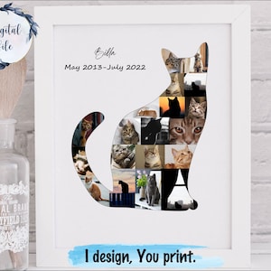 Custom cat photo collage, personalised cat memorial, cat shape photo collage.