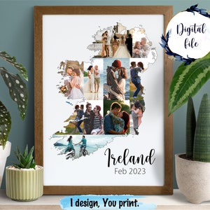 Collage photo personnalisé de carte d'Irlande, cadeau d'anniversaire d'affiche de mariage, capture de souvenir de voyage de vacances, impressions personnalisées.