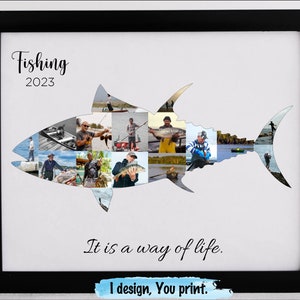 Tuna fish photo collage, fishermen dad custom gift, fish shape wall art sign for fishing lovers, printable digital.