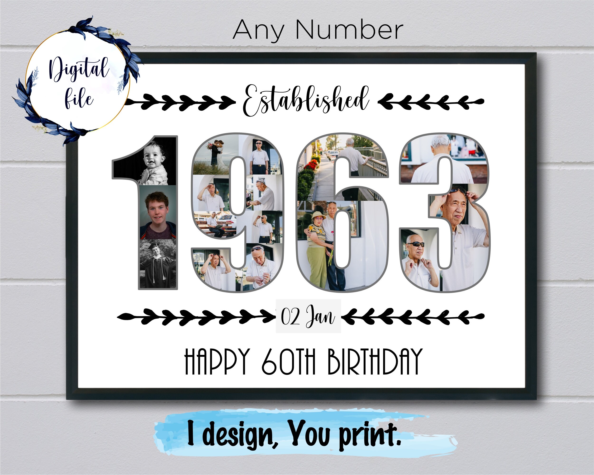 1963 Custom birthday photo collage, Personalised 60th picture wall sign, Sixty year old, Born in 1963.