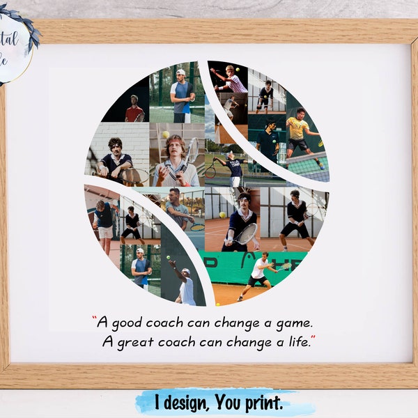 Tennis coach custom gift, photo collage for tennis player, Tennis coach personalised poster, Printable tennis gift.