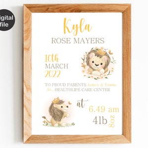 Cadre de détails de naissance, Nouveau cadeau de bébé personnalisé, Statistiques de naissance, Cadeau de nouveau-né, Statistiques de naissance, Décoration de crèche Safari, Impression de naissance de bébé