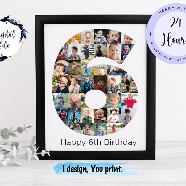 6th birthday photo collage, 6 number photo collage, PRINTABLE baby's sixth birthday photo collage poster sign.