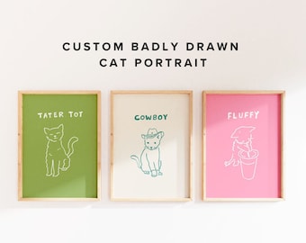 Custom Badly Drawn Cat Portrait, Digital Printable Cat Portrait Wall Art, Cat Lover Gift, Personalized Funny Cat Portrait, Unique Pet Poster