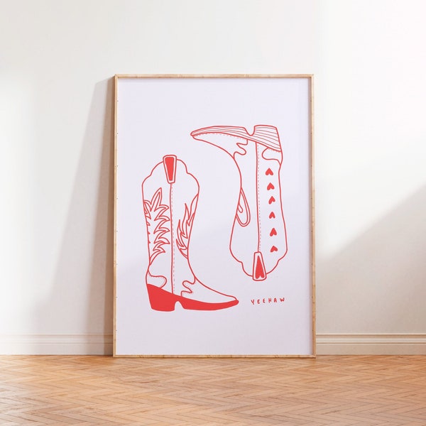 Cowboy Boots Poster, Yeehaw Western Art Print, Howdy aesthetic pink and red digital download art, Line Drawing Wall Art, Cute Boot print