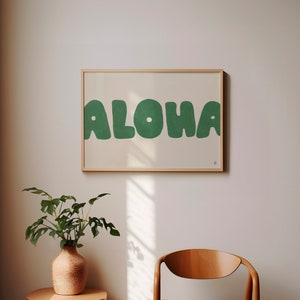 RETRO ALOHA Horizontal Poster, Vintage Hawaiian Wall Art, Eclectic Home Decor, Aesthetic Green Wall print, Hawaii inspired Art print