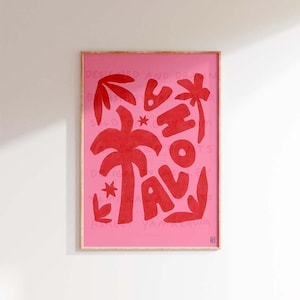 Retro Pink Aloha Poster, Hawaii Wall Art, Vintage Hawaiian living room Print, Modern Palm Tree Poster, Aesthetic Tropical wall art, pink art