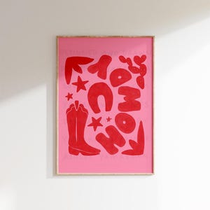 Howdy Wall Art Print, Pink and Red Cowboy Western Poster, Cowgirl Aesthetic Room Art Fun Country Rodeo Decor, Cute Western Art Print