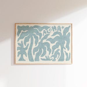 May include: A framed print with a blue and white design of palm trees and the word "ALOHA" in a stylized font.