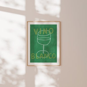 VINO BLANCO Wine Poster, Eclectic drinks Wall Art, Contemporary Poster, Green Wall Art for Kitchen, Mid Century, Bar Cart Art Print zdjęcie 3