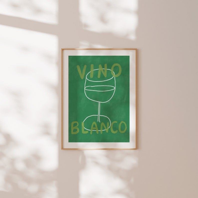 VINO BLANCO Wine Poster, Eclectic drinks Wall Art, Contemporary Poster, Green Wall Art for Kitchen, Mid Century, Bar Cart Art Print zdjęcie 3