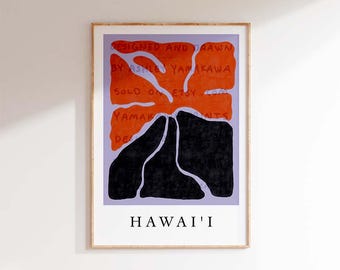 Póster retro de un volcán hawaiano, arte mural de Hawái, impresión digital vintage para sala de estar, póster de la isla de Hawái, arte mural tropical estético