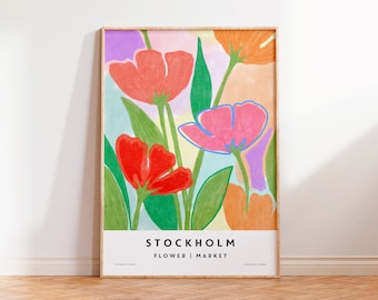 STOCKHOLM Flower Market Poster, COLORFUL Sweden Floral Market, Trendy Flower Market Wall Art, Multicolored Flower Market Print