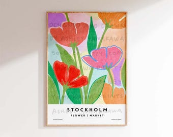 STOCKHOLM Flower Market Poster, COLORFUL Sweden Floral Market, Trendy Flower Market Wall Art, Multicolored Flower Market Print